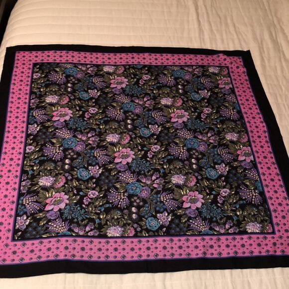 Large Black Pink Lavender Blue Floral Square Turkish Scarf - Picture 7 of 11